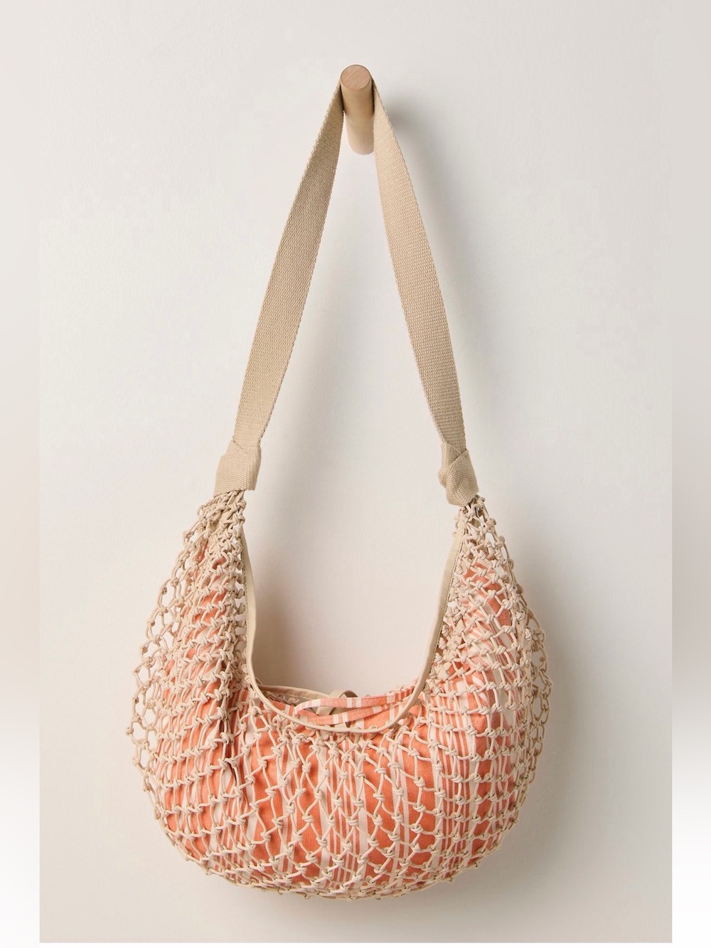 NWT new free people silver springs sling bag cream peach netting netted stripe